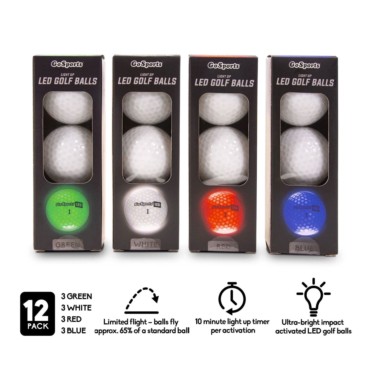 GoSports Light Up LED Golf Balls 12 Pack - Impact Activated with 10 Minute Timer
