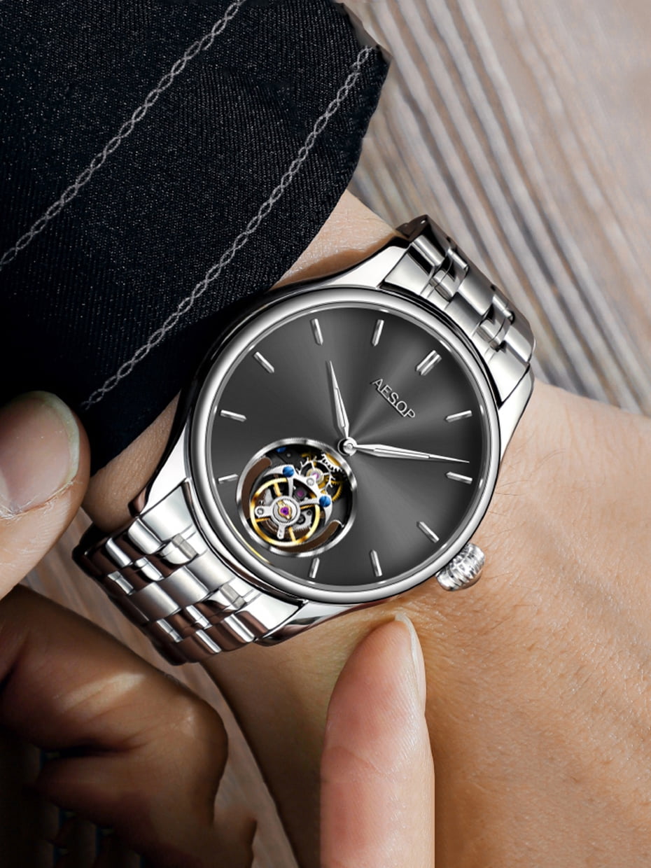 2025 AESOP 100% Tourbillon Mechanical Watch For Men Silver Steel Belt BUSINESS Fashion Mens Watches Manual Mechanical Waterproof