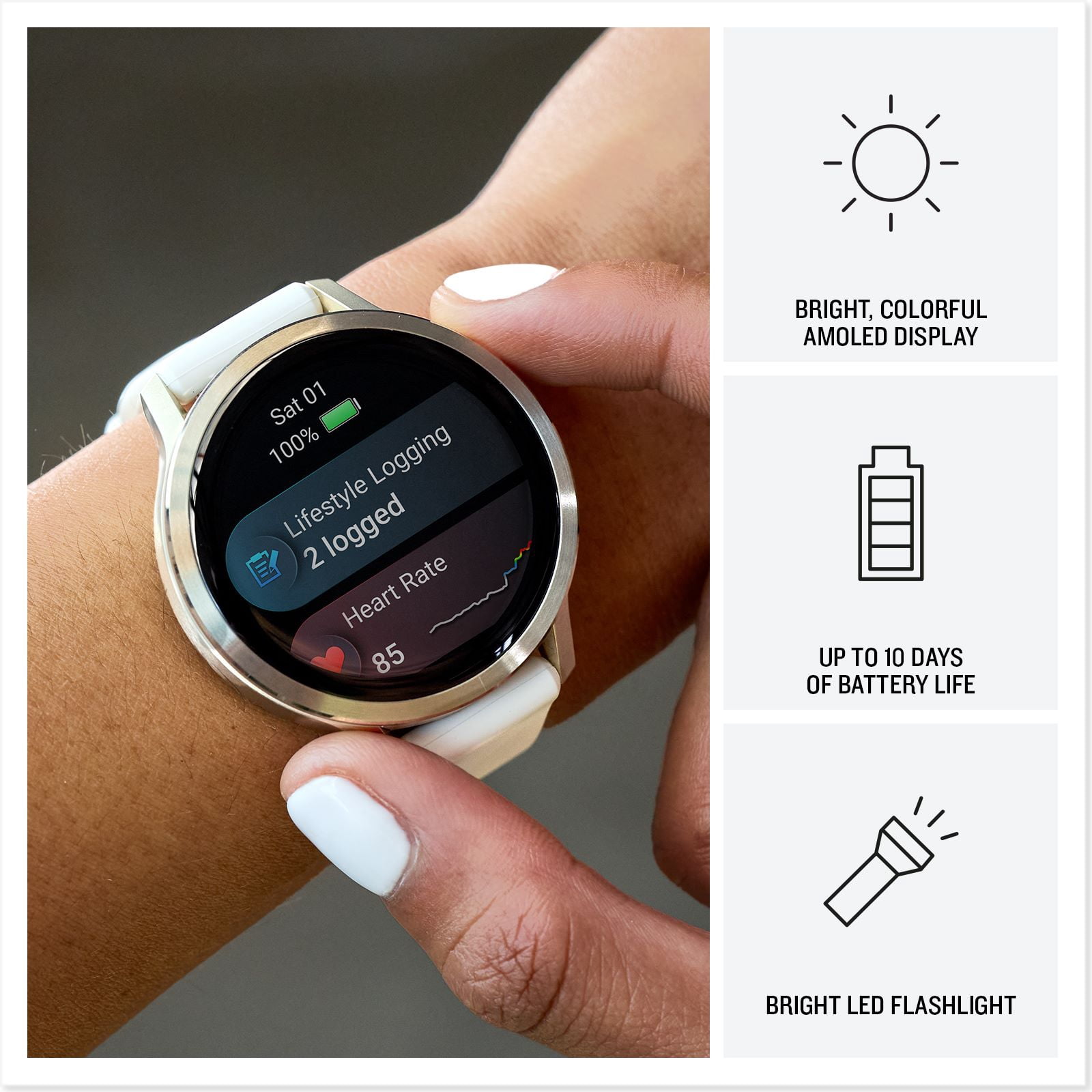 Garmin Venu 4®, 41mm, Advanced Health and Fitness GPS Smartwatch, Bright and Colorful Display, Built-In Flashlight, 10 Days of Battery Life, Lunar Gold with Bone Silicone Band