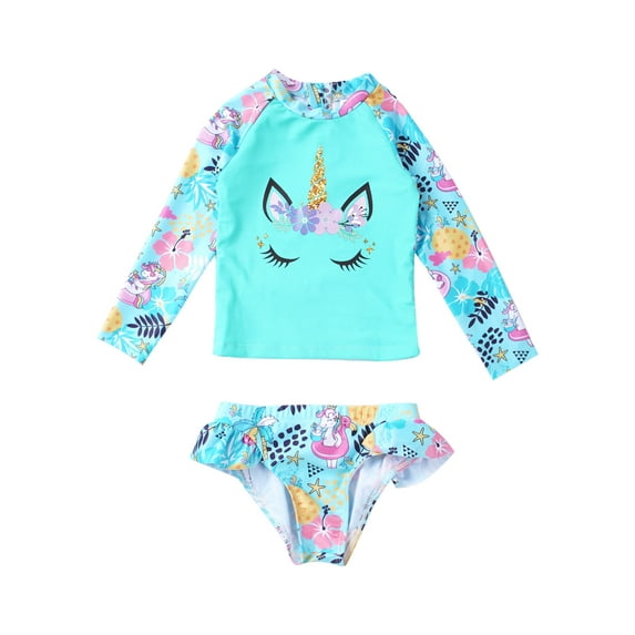 Alvivi Kid Girls Two Pieces Swimsuits Long Sleeves Diving Suit Surfing Swimming Costume Beachwear Cartoon Blue 14