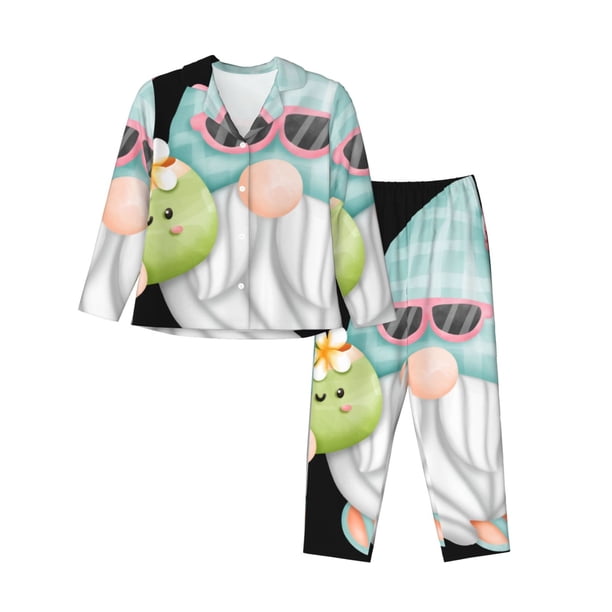 Balery Summer Gnome,Cute Gnome Conjunto de Pijama con Estampado para Mujer, Conjunto de Dos Piezas con Manga Larga, Ropa de Dormir Suave con Bolsillos, Pijamas Cómodos-X-Large