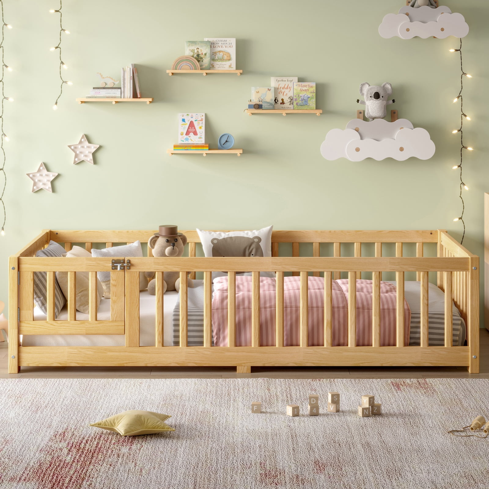 Twin Size Floor Bed with Safety Guardrails & Door, Low Profile Bed Frame, Montessori Style