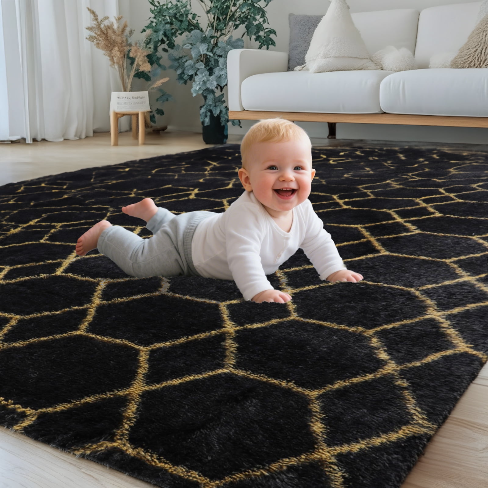 8ft x 10ft Area Rug, Soft Fluffy Area Rugs for Living Room Bedroom Geometric Carpet, Black and White
