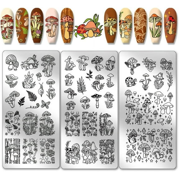 3pcs Mushroom Nail Art Templates 46 Patterns Plant Theme Nail Stamping Plate Leaves Bush Nail Art Stencils Stainless Steel Plates for Nail Design Print Manicure Salon