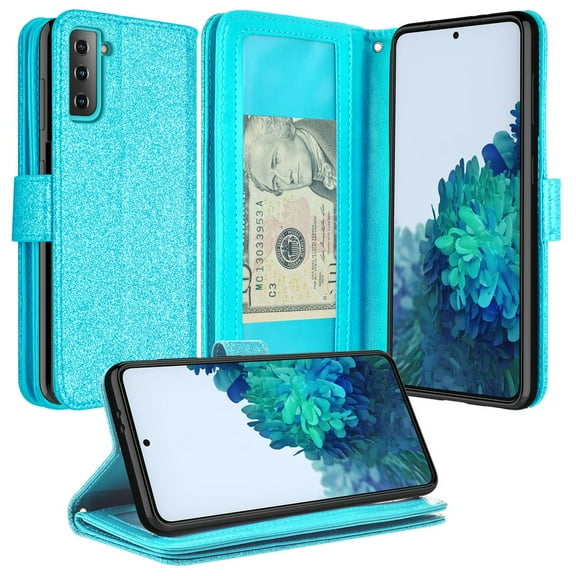 Samsung Galaxy S21 Ultra Case, Wrist Strap Leather Wallet Case [Kickstand] with ID & Card Slots - Teal