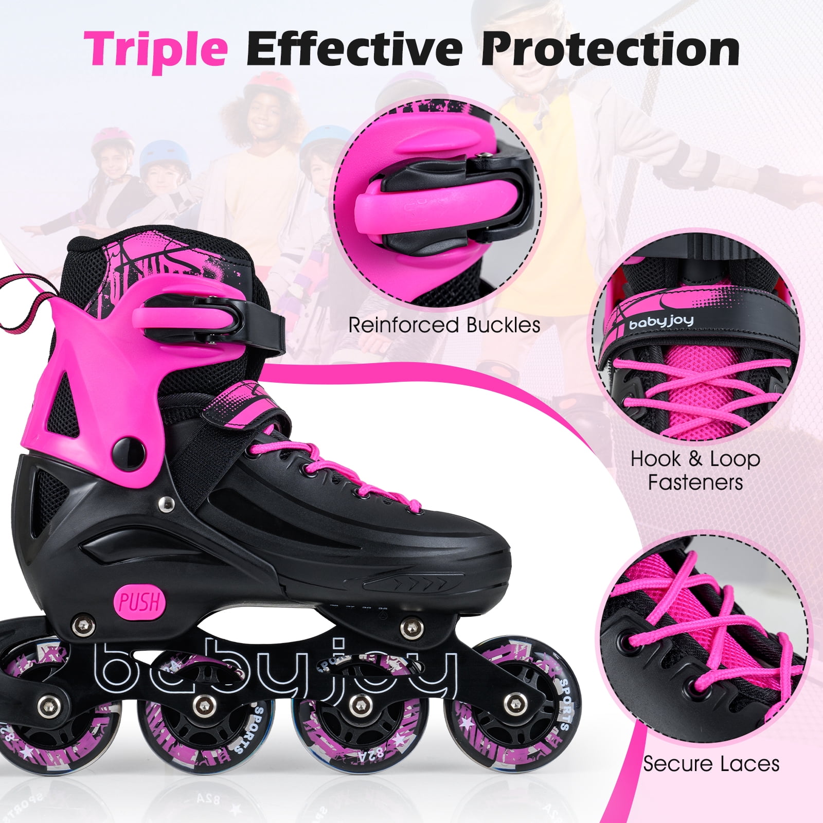 Babyjoy Kids Inline Skates, Adjustable Light-Up Roller Skates with Illuminating Wheels Pink