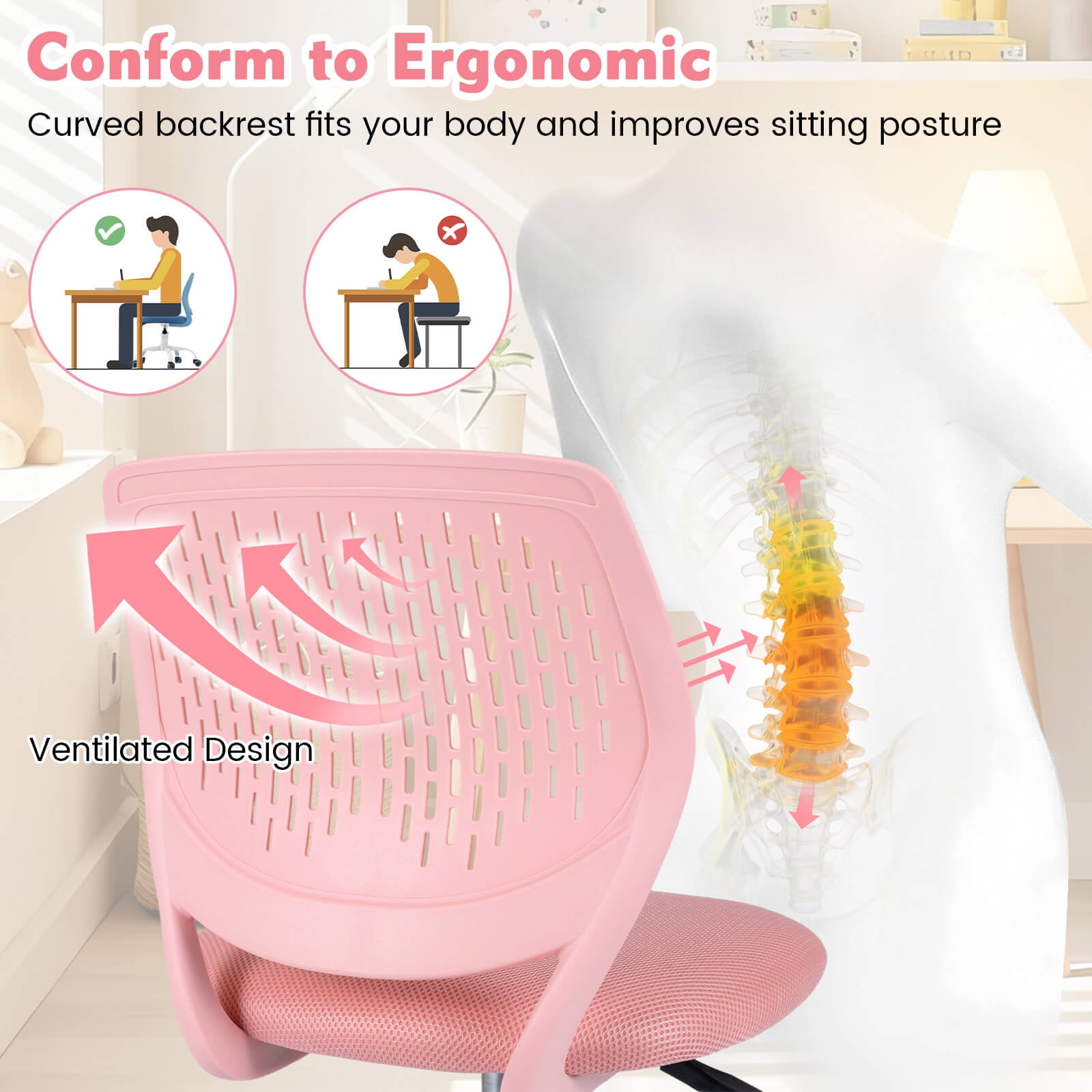 Costway Kids Desk Chair Ergonomic Swivel Children Mesh Study Height Adjustable Pink Pink