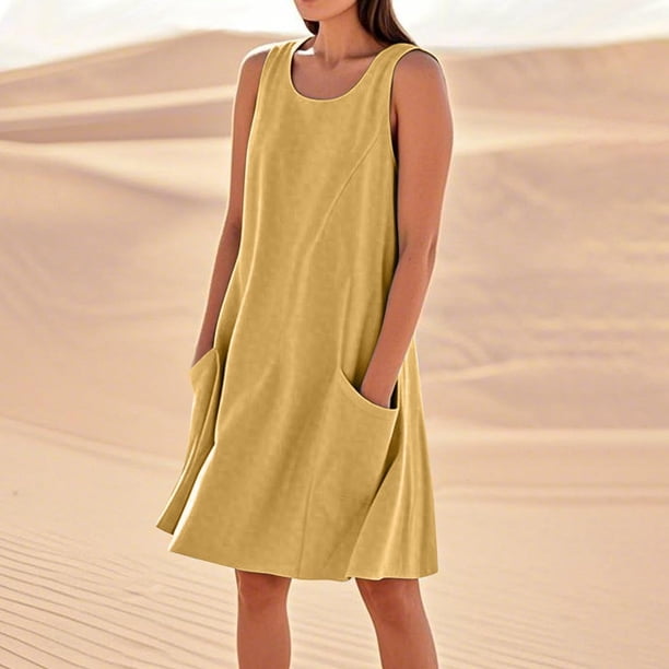 WILLBEST Vestidos Casuales Para Mujer Verano Vestido De Lino Para Mujer Vestido De Playa Informal Hasta La Rodilla Vestido Sin Mangas Vestido Casual Estampado De Verano Con Bolsillos