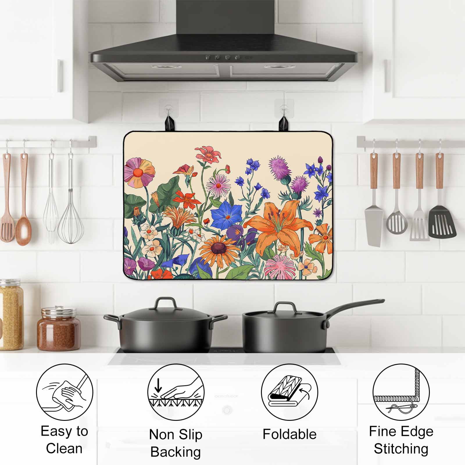 Spring Floral Stove Top Cover for Electric Stove, Heat-proof & Non Slip Glass Top Stove Cover Protector, Purple Yellow Flower Farmhouse Kitchen Flat Cooktop Rubber Mat 24x21 Inches