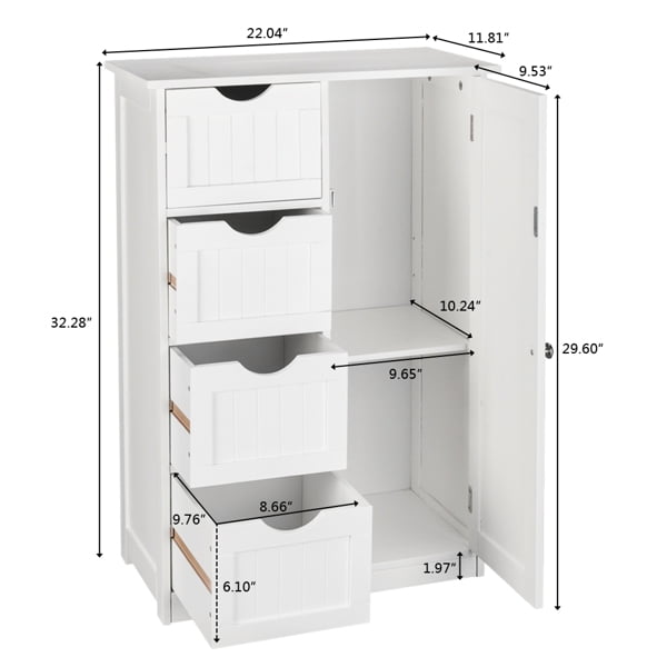 Single Door Bathroom Storage Cabinet with 4 Drawers, White