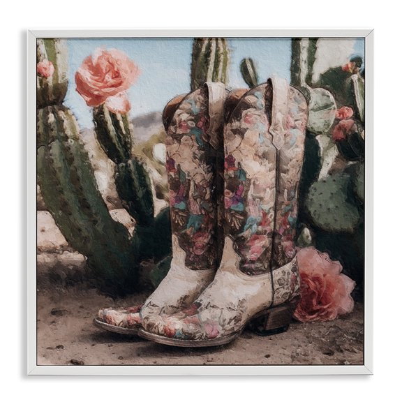 Stupell Industries Shabby Chic Boots with Cactus Flowers White Framed Giclee Art, 12 x 12, by LSR Design Studio