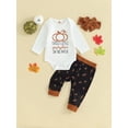 thumbnail image 2 of Arvbitana Halloween Baby Girls Clothes Long Sleeve Letter Print Romper + Pumpkin Print Pants + Bow Headband 3Pcs Fall Outfits for Newborn Infant 0M 3M 6M 12M 18M, 2 of 9