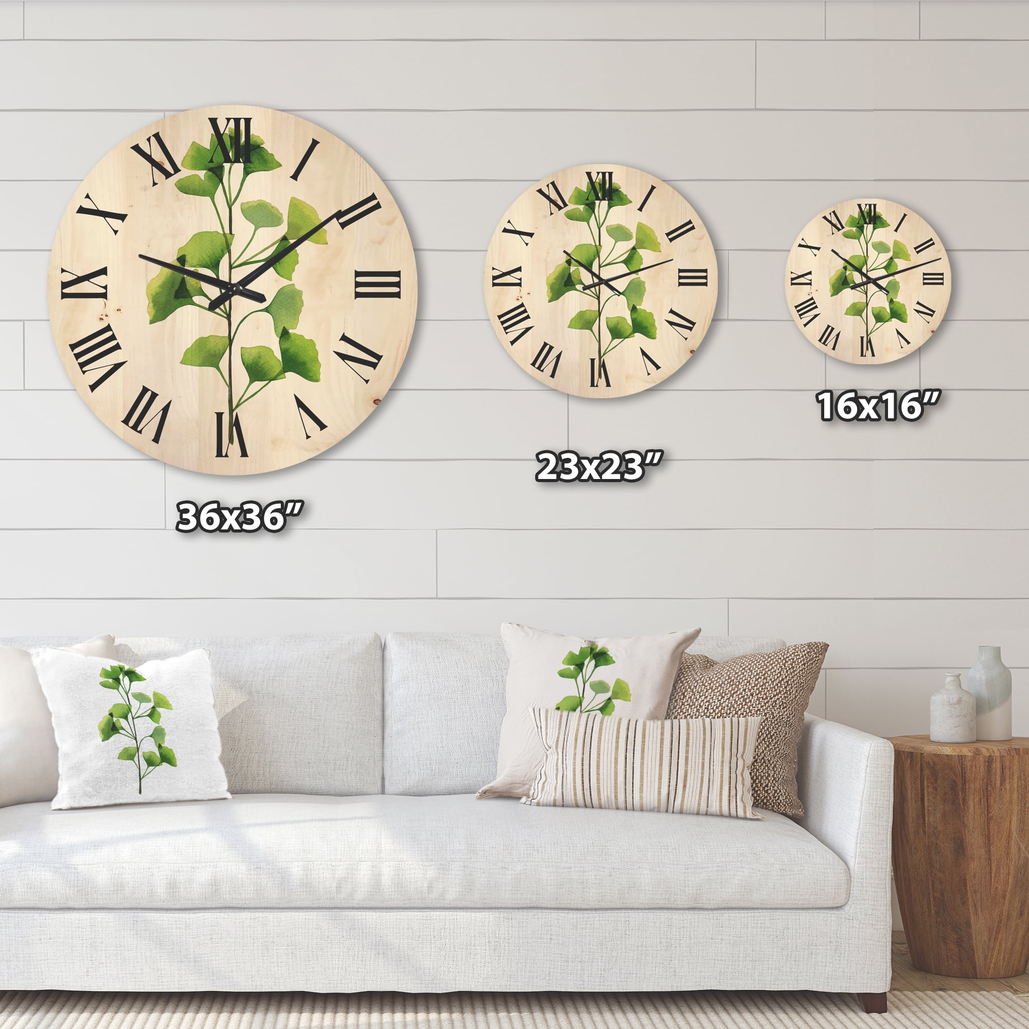 Designart 'Green Field Plant Foliage Branch' Farmhouse Wood Wall Clock