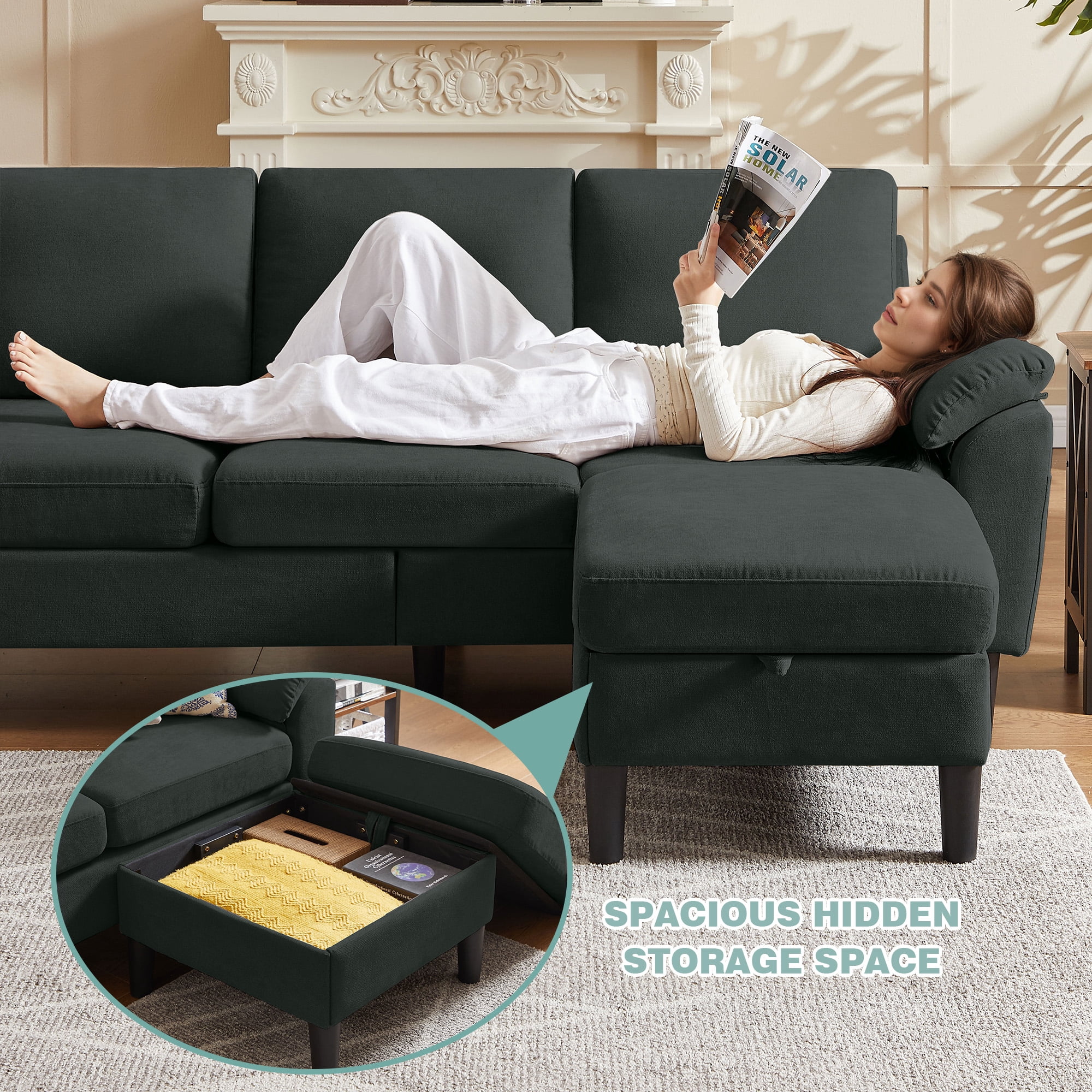 Jarenie Chireca 4 Piece Convertible Sectional Sofa Set, Modern Linen Small L Shaped Couch with Reversible Chaise, 3-Seater Sofa & Loveseat & Armchair for Living Room, Office, Apartment, Black