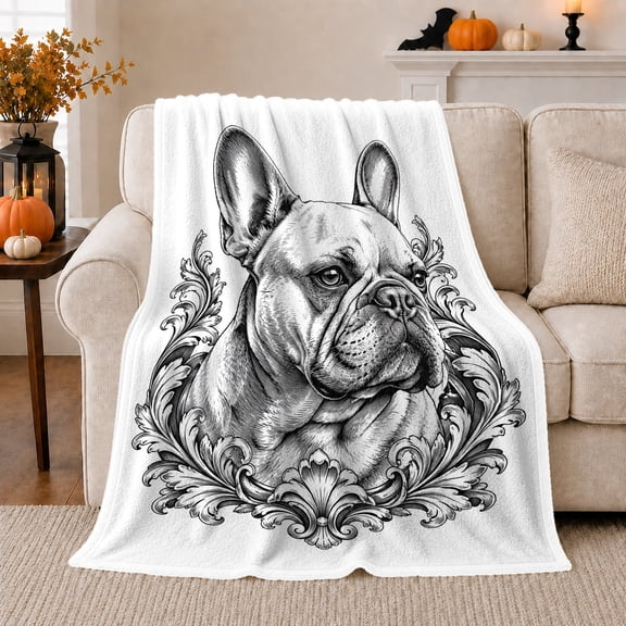 Elegant French Bulldog Portrait Autumn autumn celebration Living Room, Warm Flannel Blanket for Living Room and Bedroom, Peaceful Pet Portrait Pattern, Dog Lovers autumn celebration Gift