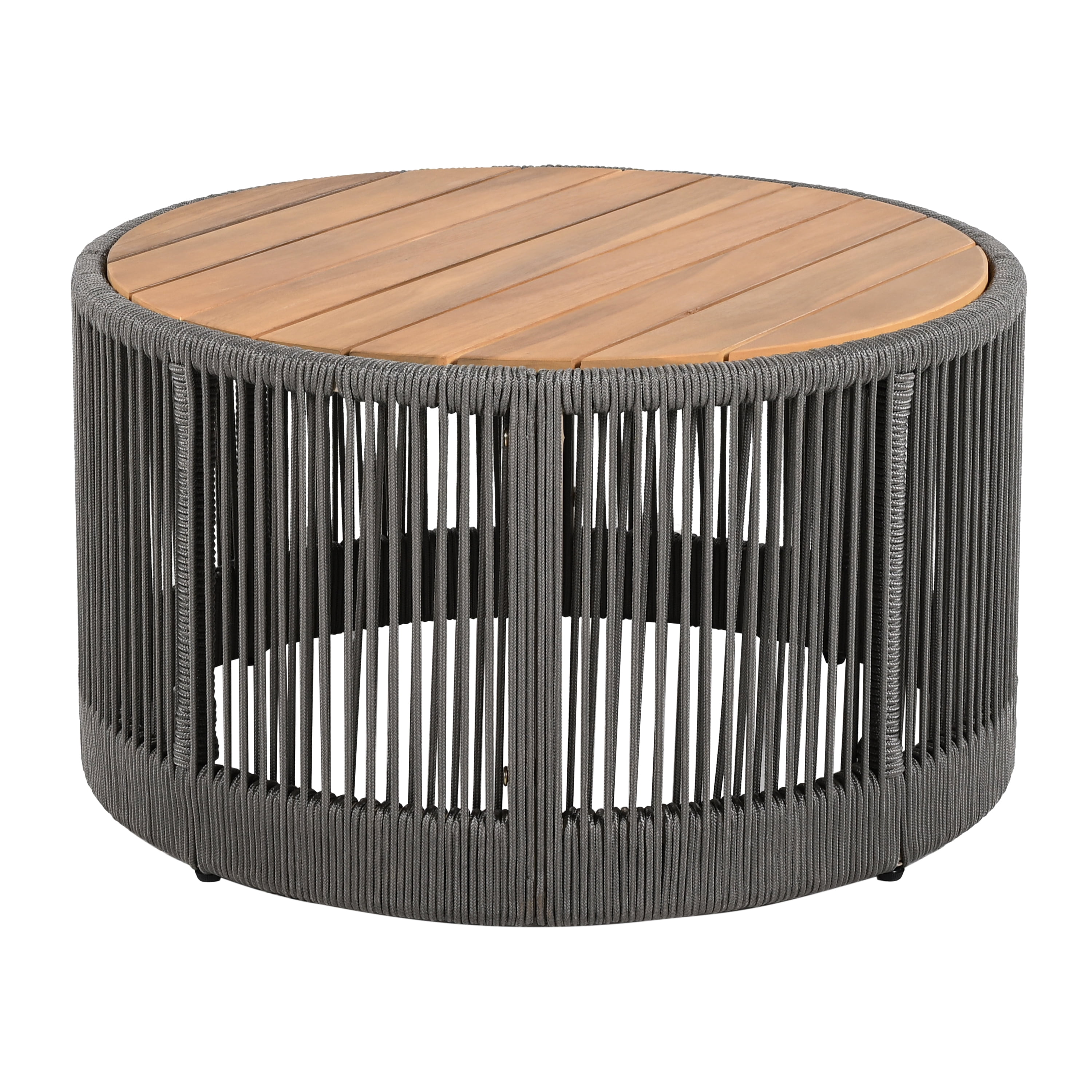 Euroco Outdoor Rattan rope & Acacia Wood Coffee Table - Patio Balcony Furniture for Garden, Yard, Balcony - Weather Resistant (Rope Grey, Natural Iron)