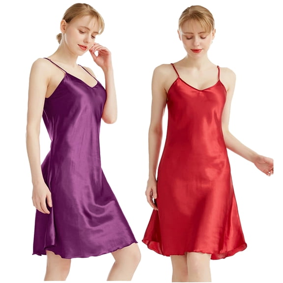 LYMAYTER Women's Satin Spaghetti Strap Nightgown V Neck Silk Slip Lingerie Dress Nightdress M-4XL