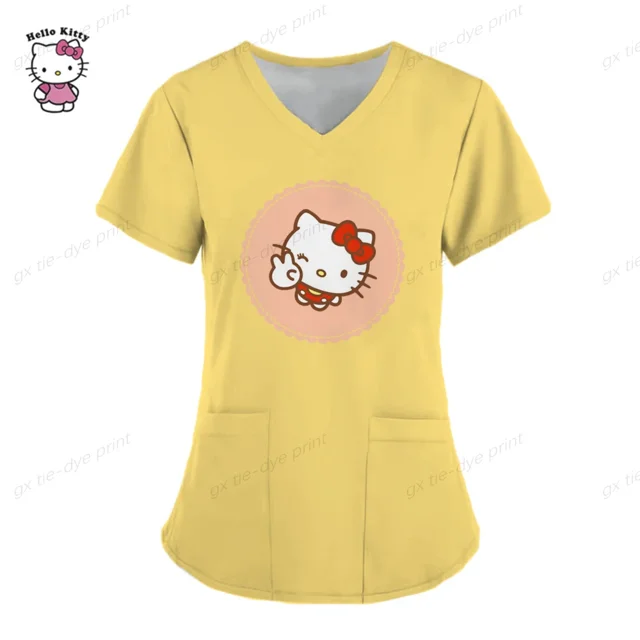 Uniformes médicos de estilo playero para mujer, Tops de enfermera con estampado de dibujos animados de Hello Kitty, ropa de manga corta para novio y mascota