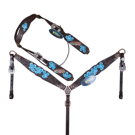 Western Leather Headstall and Breast Collar Tack Set For Horse Flower Carving with Turquoise Feather Hardware on Cheek Pieces Y Style Breast Collar Hand-Painted Argentina Cow Leather