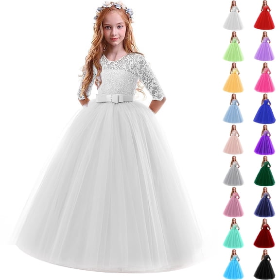 RTKFRFLM Girls Vintage Floral Lace Flower Girl Gown 3/4 Sleeve Formal Floor Length Wedding Party Dress Pink 8-9 Years