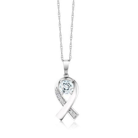 - 0.59 Ct Round Sky Blue Aquamarine G/H Lab Grown Diamond 10K White Gold Ribbon Pendant