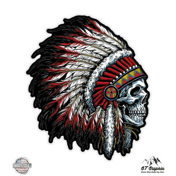 Native American Headdress Skull - 3" Vinyl Sticker - For Car Laptop I-Pad Phone Helmet Hard Hat - Waterproof Decal