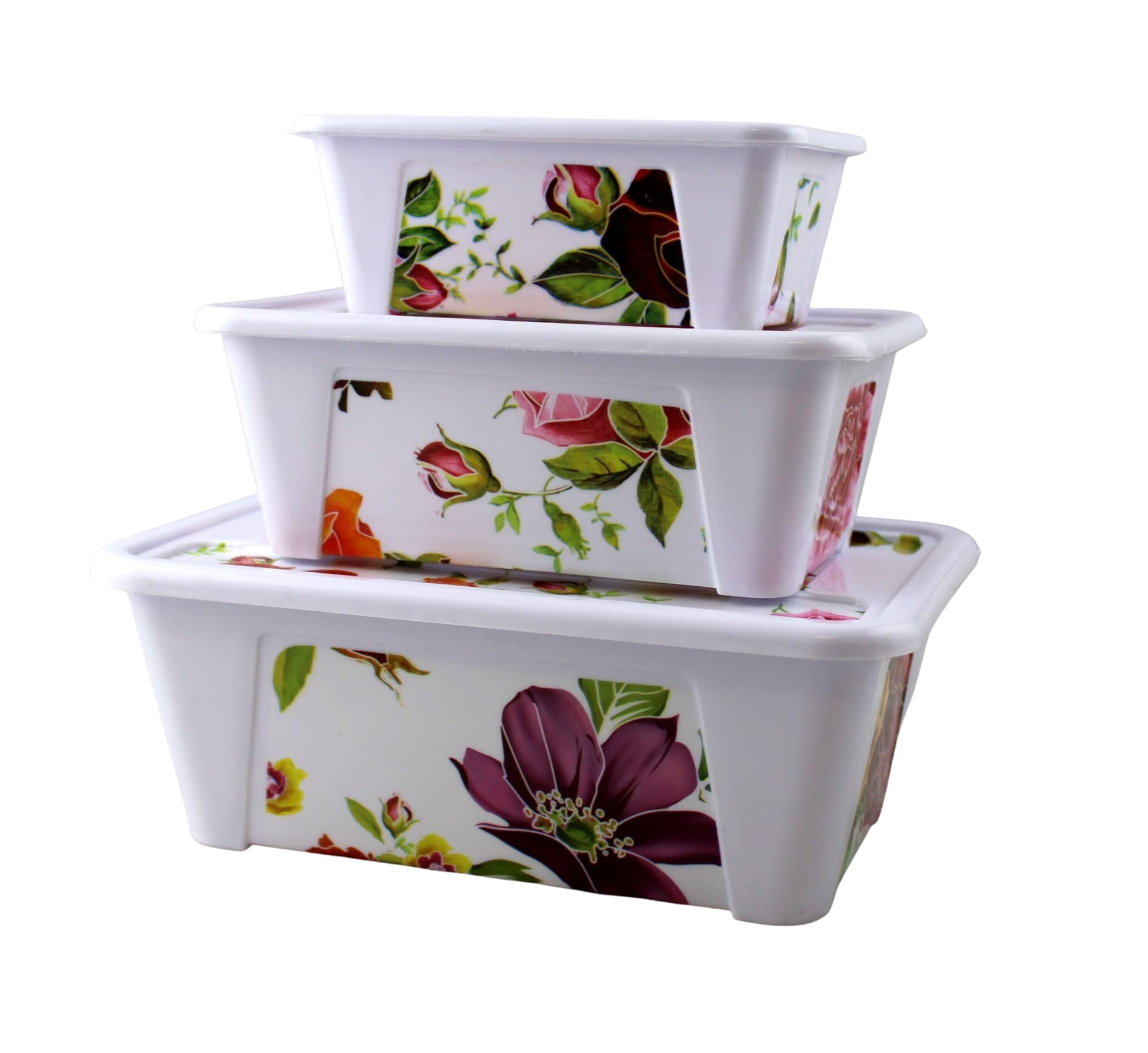 3 piece Decorative Floral Fruit Plastic Food Storage Multi Purpose  Containers With Snap Lids