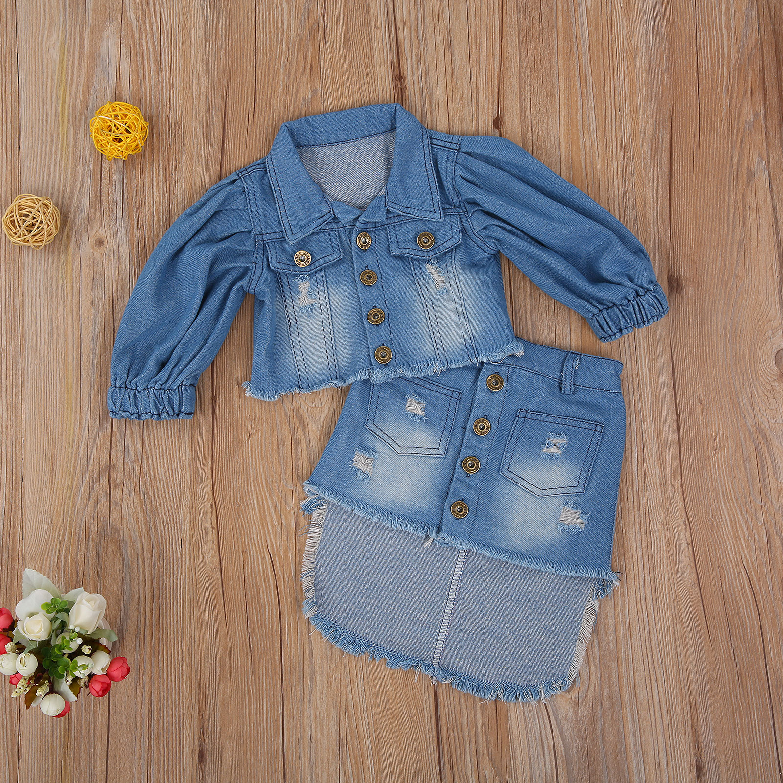 Seyurigaoka Kids Two- piece Clothes Set, Girls Blue Puff Sleeve Open Front Denim Jacket - image 3 of 5