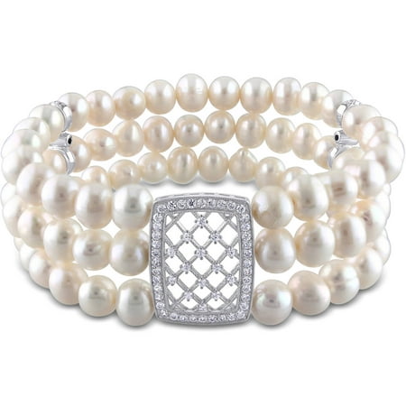 Miabella 6-7mm White Cultured Freshwater Pearl and CZ Sterling Silver Stretch 3-Row Bracelet