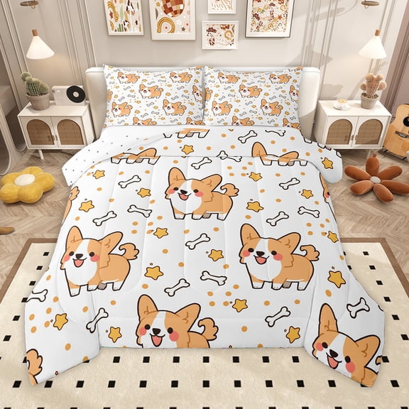 Homewish Puppy Dog Bedding Comforter Set,Kawaii Corgi Twin Comforter Sets,Orange White Bedding Set For Boys Girls,Lightweight Room Decor Reversible,2-Piece