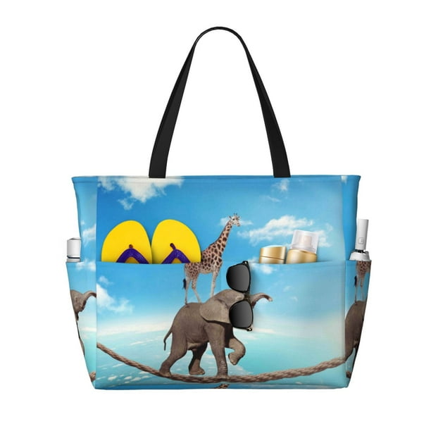Fotbe Elephant Giraffe Bolsa de Viaje para Playa - Resistente al Agua, Bolsa Tote de Gran Capacidad y Ligera con 7 Bolsillos para Mujeres y Hombres