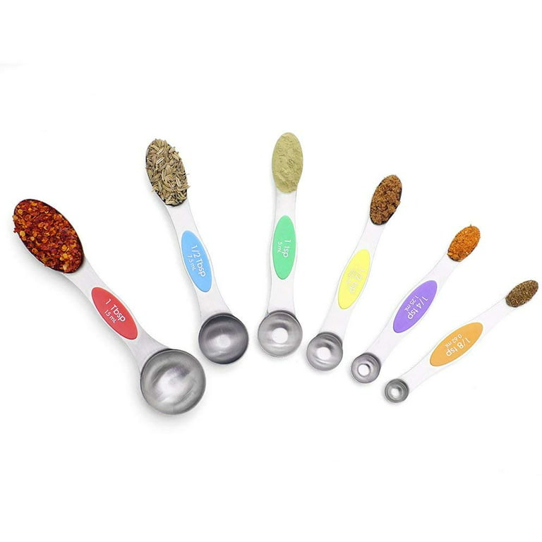 Magnetic Stainless Steel Measuring Spoons - Set of 6 Metal Measurement Spoon for Dry and Liquid Ingredients - BPA Free Teaspoon and Tablespoon for