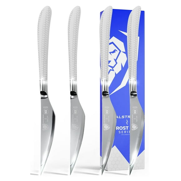 Dalstrong Steak Knife Set - 4 Piece - 4.5 inch Serrated Blade - Frost Fire Series - High Chromium Steel Kitchen Knife- Frosted Sandblast - White Honeycomb Handle - NSF Certified