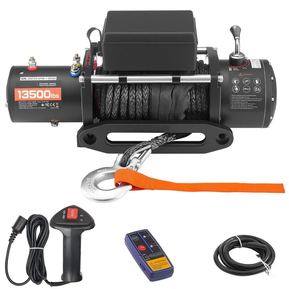 KFFKFF Electric Winch, 13500 lbs Capacity, 12V DC with 3/8 in x 85 ft Synthetic Rope, Wireless & Wired Remote, IP55 Waterproof for Off-Road, SUV, Jeep, Trailer, and Boat Towing