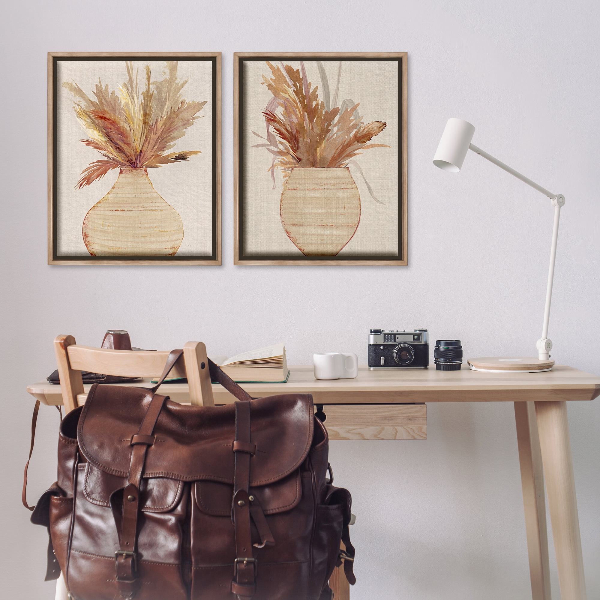 Stupell Industries Potted Feather Pampas Plants & Flowers Painting Brown Floater Framed Canvas Art Print Wall Art, 31 x 25, Set of 2