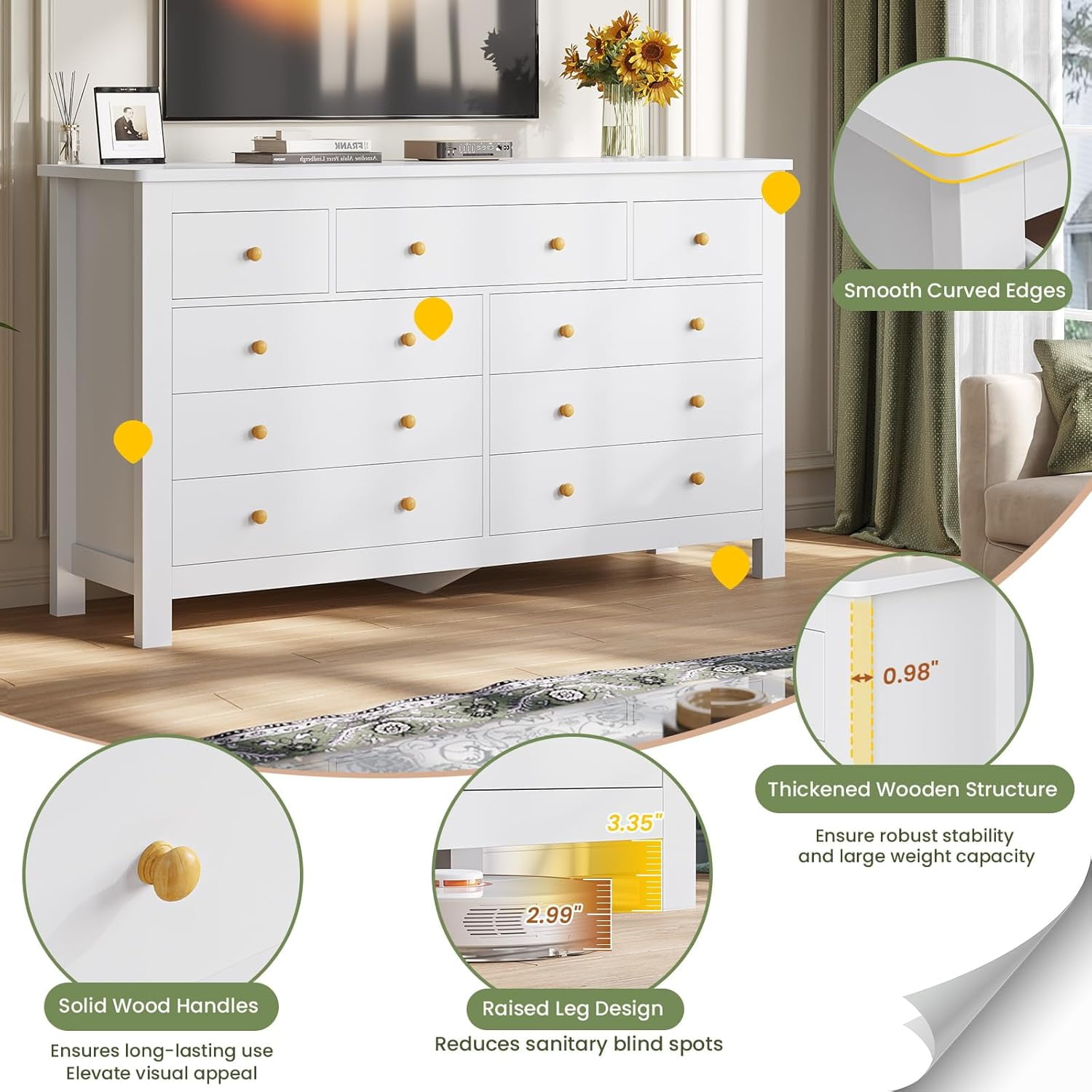 9 Drawers Dresser for Bedroom, Large Chest of 9 Drawers with Wide Tabletop, Modern Wood Storage Cabinet for Living Room Hallway, White