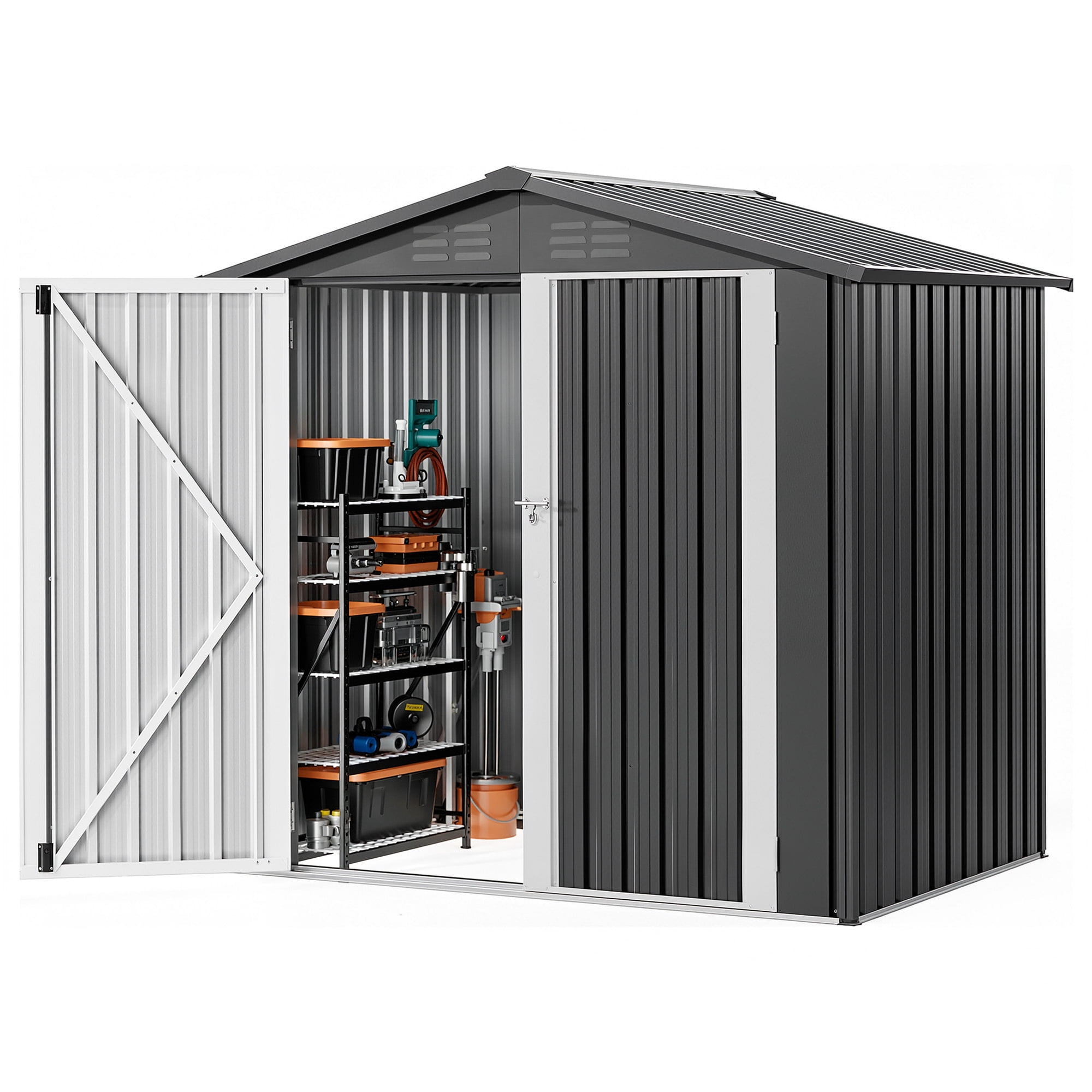 Uforic 6'x4' Steel Outdoor Storage Shed, Lockable Doors & Sloped Roof, Small Tool Storage Building for Garden, Patio, Garage, Backyard and Lawn, Dark Gray