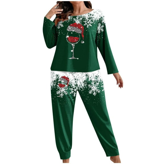 qelini Plus Size Loungewear Sets for Women Christmas Crewneck Long Sleeve Shirt and Pant Nightwear Soft Holiday Sleepwear