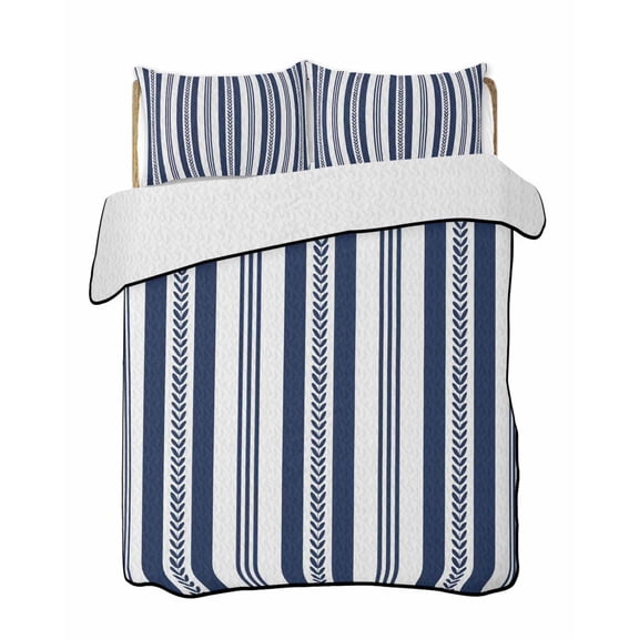 Quilts Twin-XL Size Bedding Set, Navy Blue Green Line Striped Lightweight Quilted Comforter, Farmhouse Modern Geometric Stripes Soft Bedspread Coverlet with Pillow Covers for All Season, 68" x 98"
