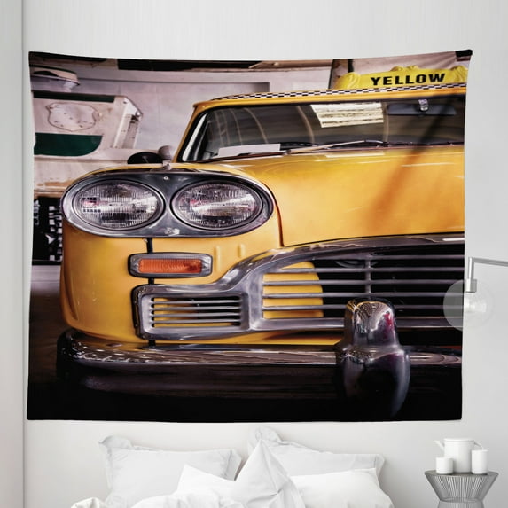 New York Tapestry, Picture of Antique Yellow Taxi Historic Element of Old NYC Nostalgia Vintage Cab, Fabric Wall Hanging Decor for Bedroom Living Room Dorm, 5 Sizes, Yellow Grey, by Ambesonne