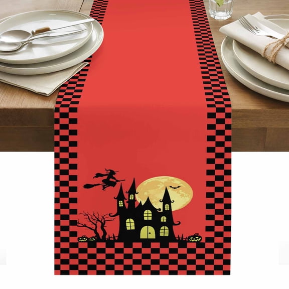 Halloween Table Runner - 90 Inch Long, Kitchen Dining Table Runner Dresser Scarves, Orange Horror Castle Evil Witch Full Moon Night Farmhouse Decor for Coffee Tables Wedding Party Banquet