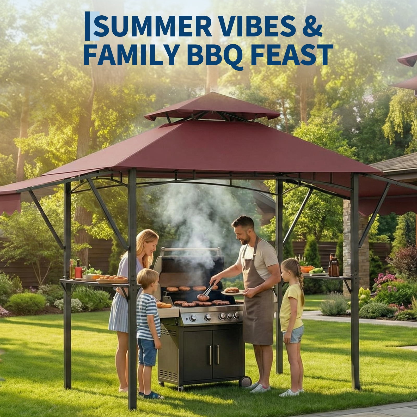 Kicctian 8x5 ft Heavy Duty Grill Gazebo for Outdoor BBQ, Double-Tier Steel Patio Shelter with Adjustable Dual Side Awnings, 2 Utility Shelves, Hooks and 4 LED Lights, for Backyard, Camping, Wine Red