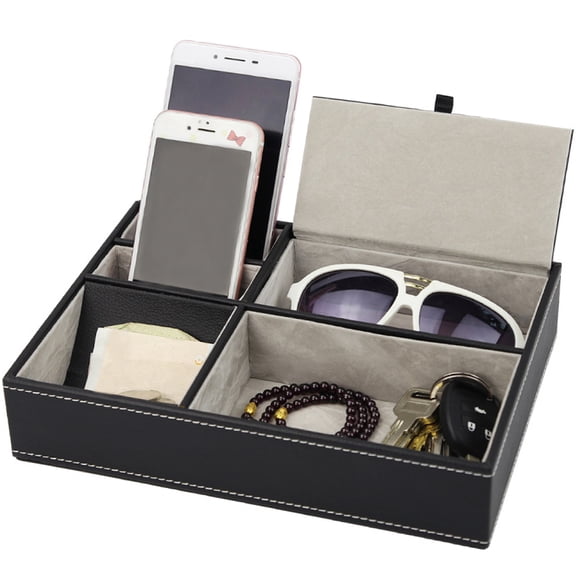 Men's Valet Tray with 5 Compartments Decent Valet Tray Organizer Durable Faux Leather Nightstand Organizer Valet Dresser Box Bedside Table Organizer for Gift Phone Keys Wallet Glasses 25.5×18.5×5cm