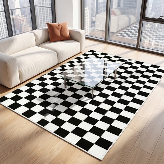 Musicwaker Flat Weave Printed Grid Rug, Washable Indoor Home Decor