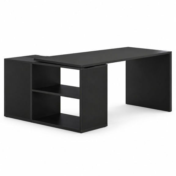 Black 55 Inch Reversible L-Shaped Wood Computer Desk with Cabinet Shelves and Storage, Corner Executive Workstation for Home Office Study Writing & Gaming