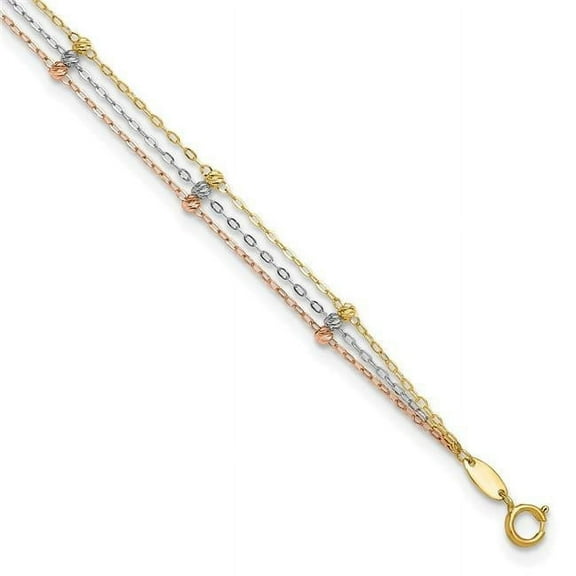Primal Gold 14 Karat Tri-color 3-Strand Diamond-cut Beaded 9-inch Plus 1-inch Extension Anklet