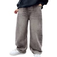 thumbnail image 2 of Fozruso Baggy Jeans Boys Y2K Straight Wide Leg Denim Pants Kids Casual Elastic Waist Loose Pants with Pockets Streetwear Vintage Jeans Casual Denim Pants Sizes 4-5 Years(Gray), 2 of 6