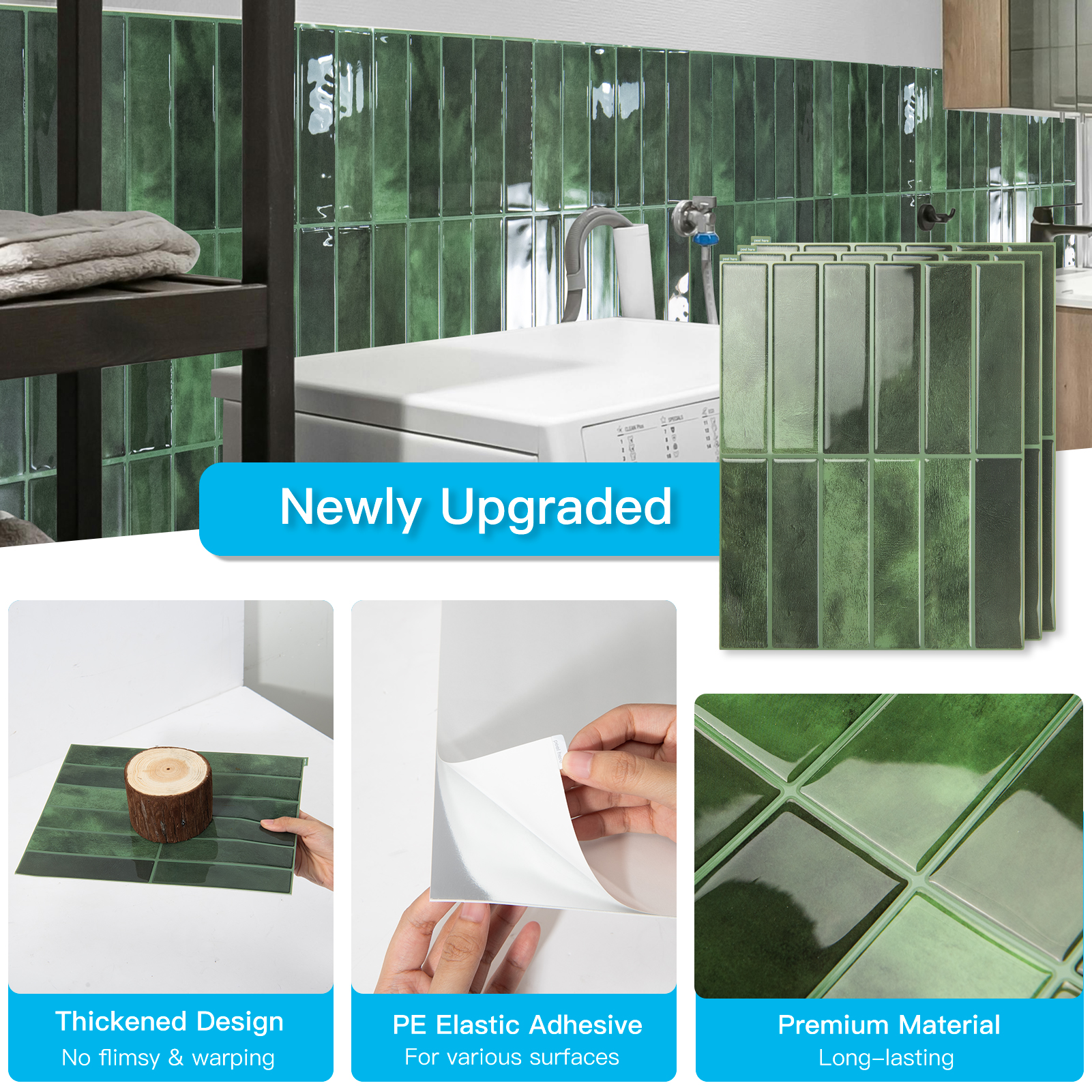 10Pcs Peel and Stick Backsplash Tile,11.4'' x 9'' Subway Tile,Self-Adhesive Wall Tiles for Kitche,Bathroom,RV,Thicker Design in Green