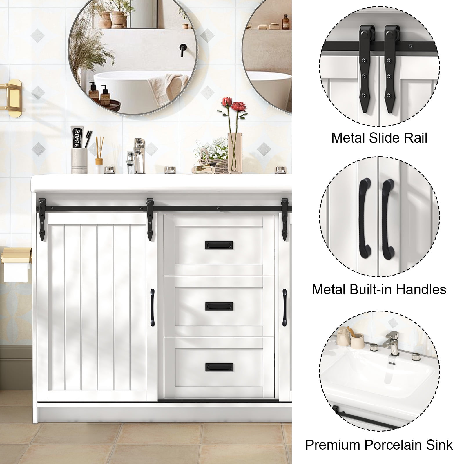 Jarbalai 47" Double Sink Farmhouse Bathroom Vanity with Sliding Barn Doors, White
