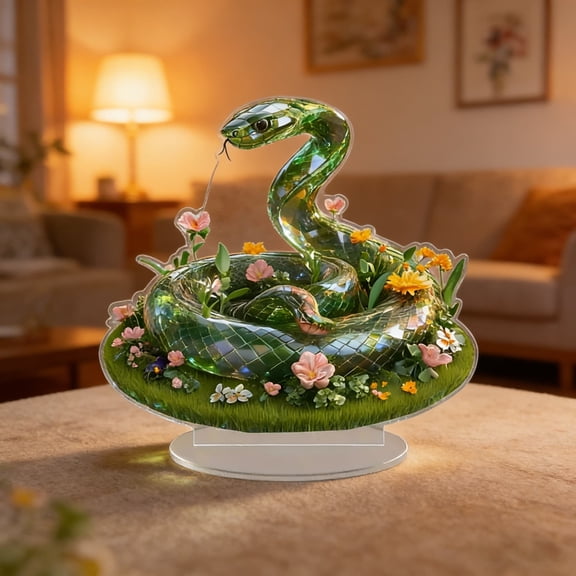 Green Glass Snake Acrylic Standee with Floral Accents, QQZ Lifelike Serpentine Tabletop Decor for Home Office, Clear Scratch-Resistant Acrylic Figurine with Sturdy Base for Desk Shelf Display